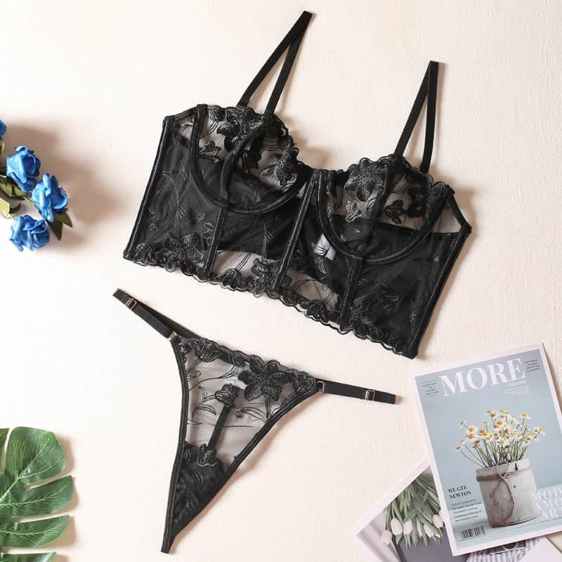 Black Embroidered Thong Sexy Bustier Bra Set