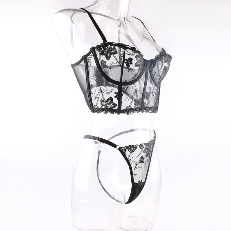 Embroidered Thong Sexy Bustier Bra Set Site View