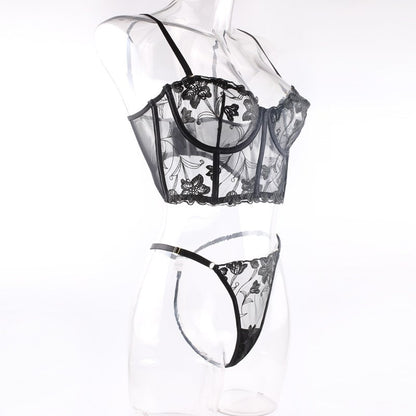 Embroidered Thong Sexy Bustier Bra Set Site View