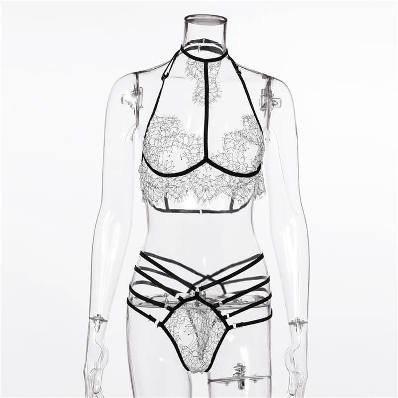 Halter Lace Bra Sexy Lingerie Set Front Show On Model