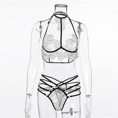 Halter Lace Bra Sexy Lingerie Set Front Show On Model