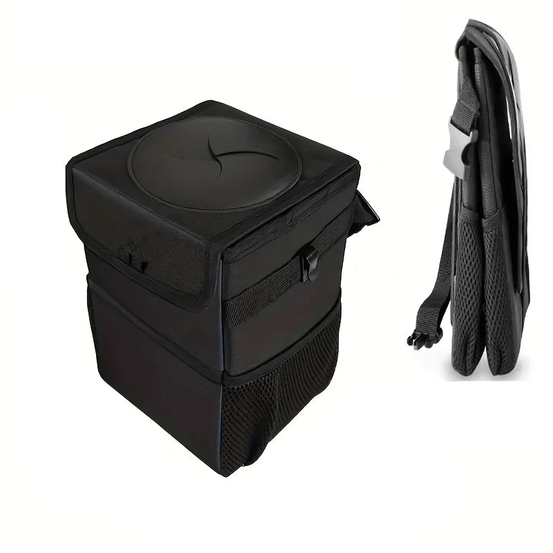 Car Trash Can with Lid Storage Pockets 100% Leak Proof Black-0