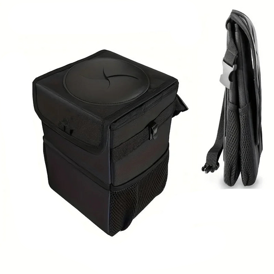 Car Trash Can with Lid Storage Pockets 100% Leak Proof Black-0