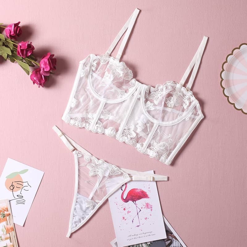 White Embroidered Thong Sexy Bustier Bra Set