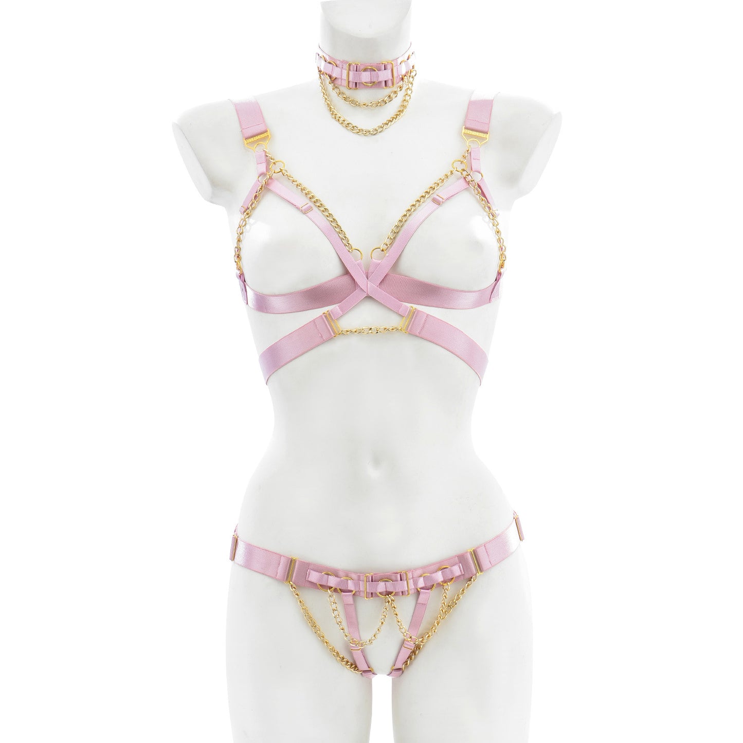 Wholesale Pink Strappy Lingerie Set with Choker Harness Bralette