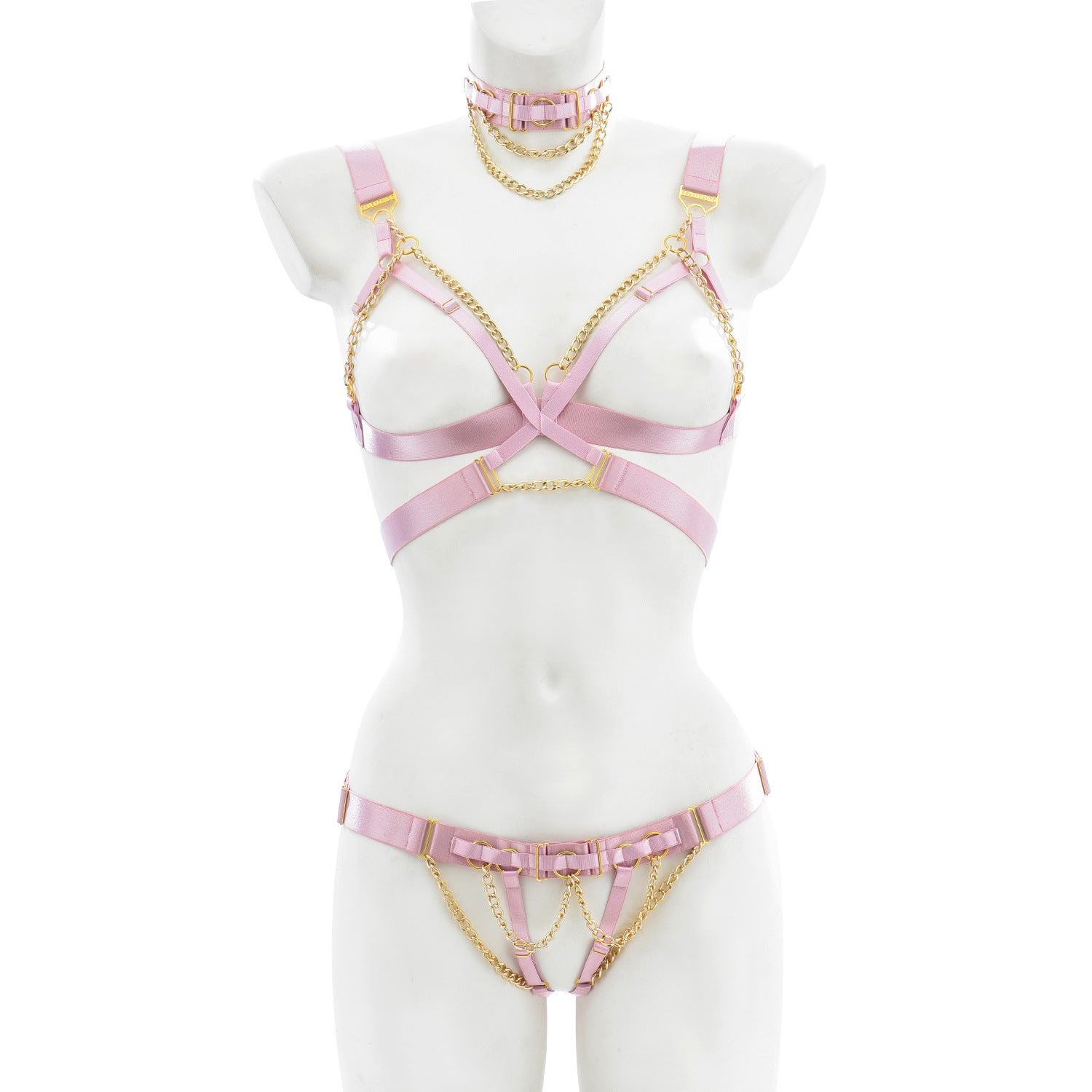 Wholesale Pink Strappy Lingerie Set with Choker Harness Bralette