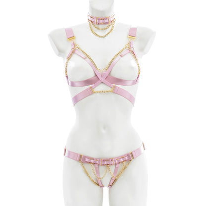 Wholesale Pink Strappy Lingerie Set with Choker Harness Bralette
