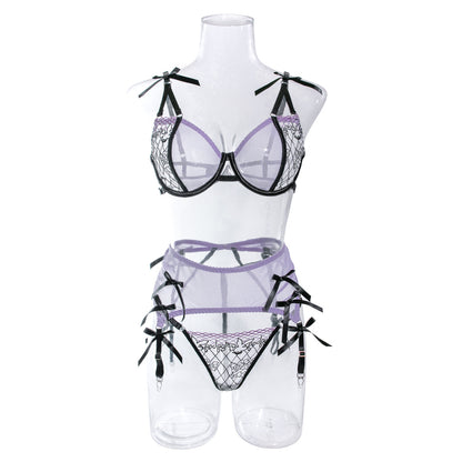 Wholesale Sheer Lace Bra and Panty Set with Matching Suspender Front display