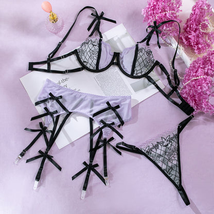 Wholesale Sheer Lace Bra and Panty Set with Matching Suspender-7