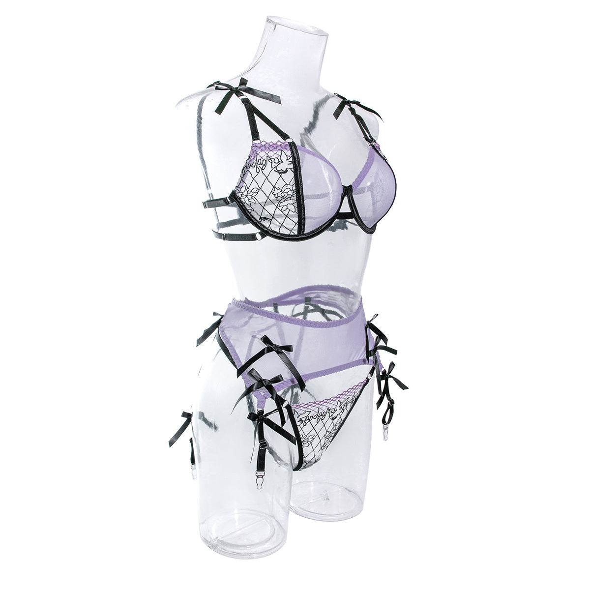 Wholesale Sheer Lace Bra and Panty Set with Matching Suspender Side Model Display