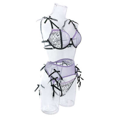 Wholesale Sheer Lace Bra and Panty Set with Matching Suspender Side Model Display