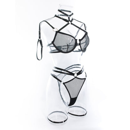 Wholesale Skimpy Black Lace Bra Suit with Integrated Straps Side View