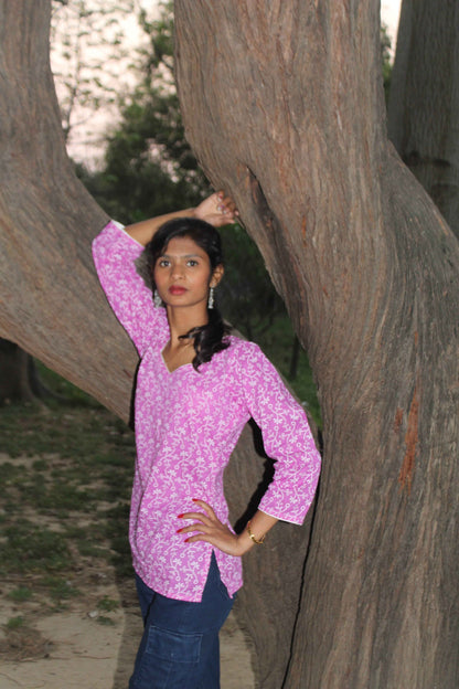 Gulbahar Pink Kurti - Stylish Printed Cotton Kurti for Everyday Wear